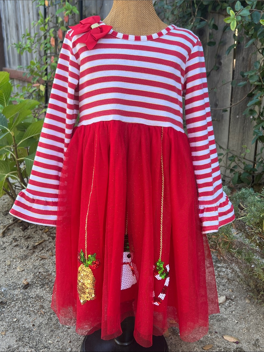 Rare Editions Girls Red Stripe Tulle Holiday Dress with Sequin Ornaments